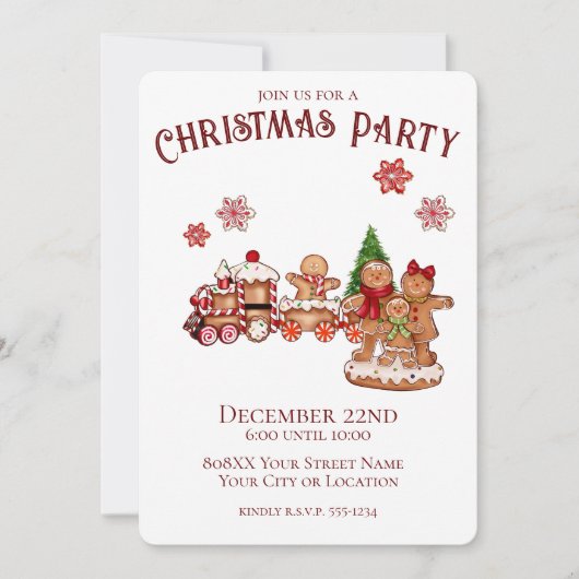 かわいいジンジャーブレッド列車と家族のクリスマスパーティー 招待状 (正面)