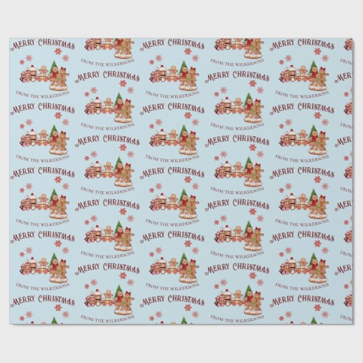 かわいいジンジャーブレッド列車と家族の青いクリスマス ラッピングペーパー (フラット)