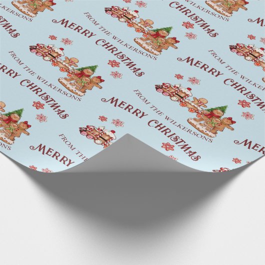 かわいいジンジャーブレッド列車と家族の青いクリスマス ラッピングペーパー