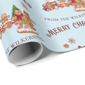 かわいいジンジャーブレッド列車と家族の青いクリスマス ラッピングペーパー (ロールコーナー)