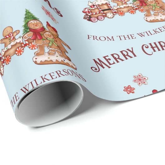 かわいいジンジャーブレッド列車と家族の青いクリスマス ラッピングペーパー (ロールコーナー)