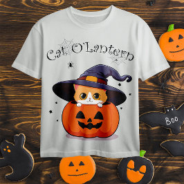 かわいいジンジャー猫の魔女がハロウィンのジャック・オ・ランタンと一緒に Tシャツ