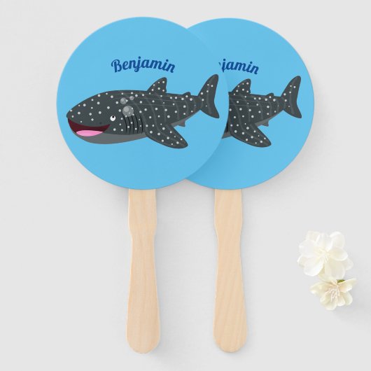 かわいいジンベエザメのハッピーアニメイラストレーション ハンドファン (正面&裏面)