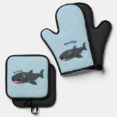 かわいいジンベエザメのハッピーアニメイラストレーション 鍋つかみ&鍋敷きセット (正面/裏面)