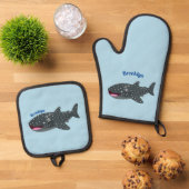 かわいいジンベエザメのハッピーアニメイラストレーション 鍋つかみ&鍋敷きセット (トップダウン)