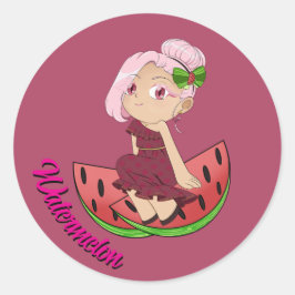 かわいいスイカのテーマのちびキャラとスライスメロン ラウンドシール