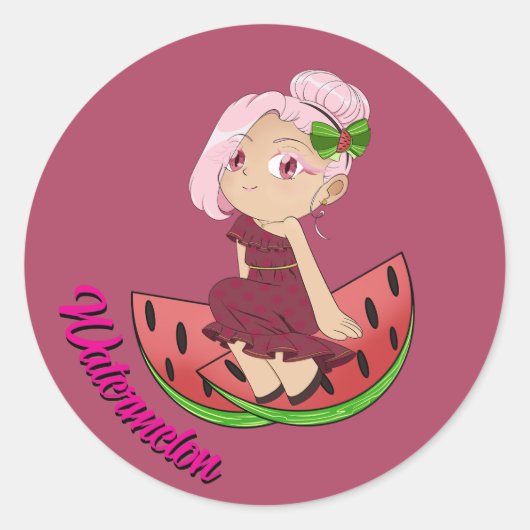 かわいいスイカのテーマのちびキャラとスライスメロン ラウンドシール (正面)