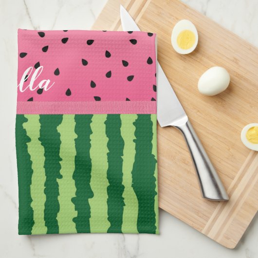 かわいいスイカの皮と種パーソナライズされた キッチンタオル (四つ折り)