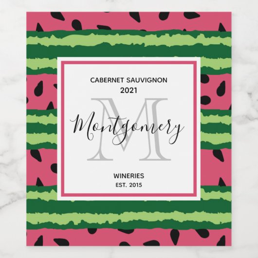 かわいいスイカパターンピンク&グリーンワイナリー ワインラベル (シングルラベル)