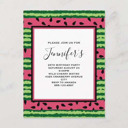 かわいいスイカパターンピンク&グリーン誕生日 インビテーションポストカード (正面)