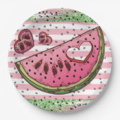 かわいいスイカピンクグリーングリッター誕生日ナプキン ペーパープレート (正面)