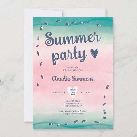 かわいいスイカ夏グラデーションピンク甘い16 招待状 (正面)