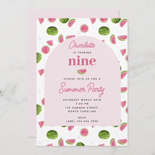 かわいいスイカ夏ピンクガール誕生日 招待状 (正面/裏面)