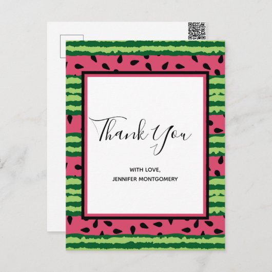 かわいいスイカ柄ピンク&グリーンありがとう ポストカード (正面/裏面)
