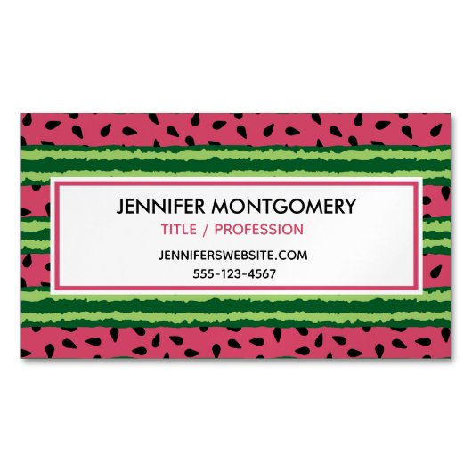 かわいいスイカ柄ピンク&グリーン マグネット名刺 (正面)