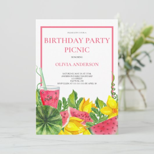 かわいいスイカ誕生日パーティーピクニック 招待状 (スタンド正面)
