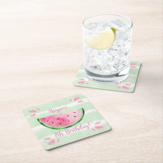 かわいいスイカ誕生日パーティー スクエアペーパーコースター (インサイチュ)