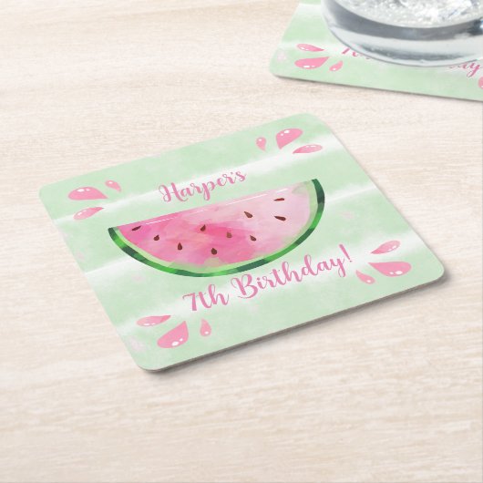 かわいいスイカ誕生日パーティー スクエアペーパーコースター (アングル)