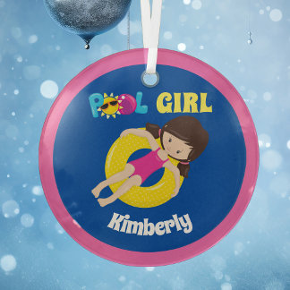 かわいいスイミングプール女の子カスタムのピンクブルークリスマス ガラスオーナメント