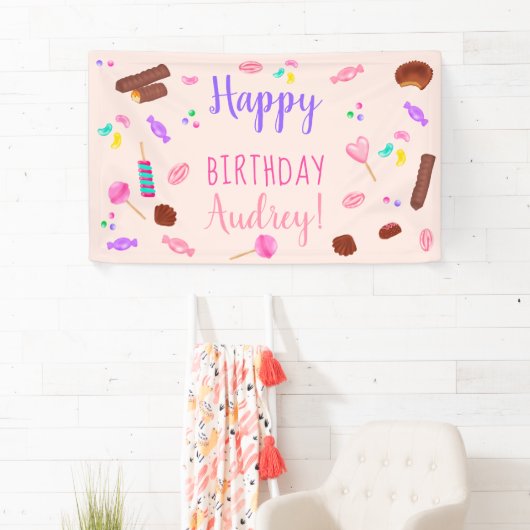 かわいいスイーツキャンディイラストレーション子供の誕生日パーティー 横断幕 (インサイチュ)