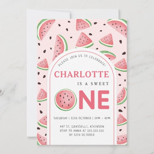 かわいいスイートスイカ1st誕生日パーティーピンク 招待状 (正面)