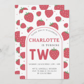 かわいいスイートストロベリーセカンドバースデーパーティー 招待状 (正面/裏面)