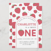 かわいいスイートストロベリー1st誕生日パーティー 招待状 (正面/裏面)