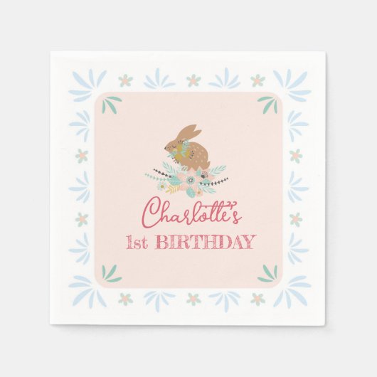 かわいいスイートバニーうさぎ動物1歳誕生日パーティー スタンダードカクテルナプキン (正面)