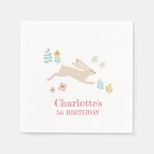 かわいいスイートバニーうさぎ動物1歳誕生日パーティー スタンダードカクテルナプキン (正面)