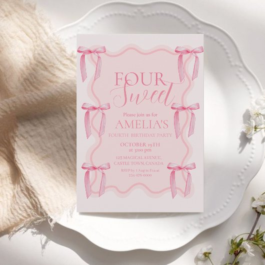 かわいいスイートピンクボウ4th誕生日パーティー 招待状
