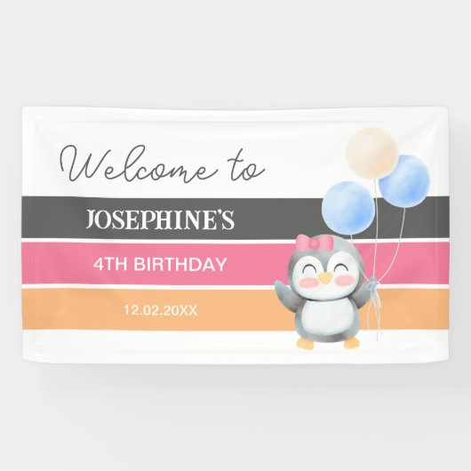 かわいいスイートペンギンバルーンガール誕生日へようこそ 横断幕 (横)