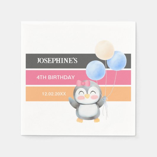 かわいいスイートペンギンバルーンガール誕生日 スタンダードカクテルナプキン (正面)