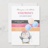 かわいいスイートペンギンバルーンガール誕生日 招待状 (正面)