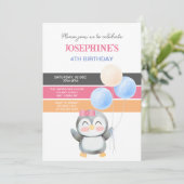 かわいいスイートペンギンバルーンガール誕生日 招待状 (スタンド正面)
