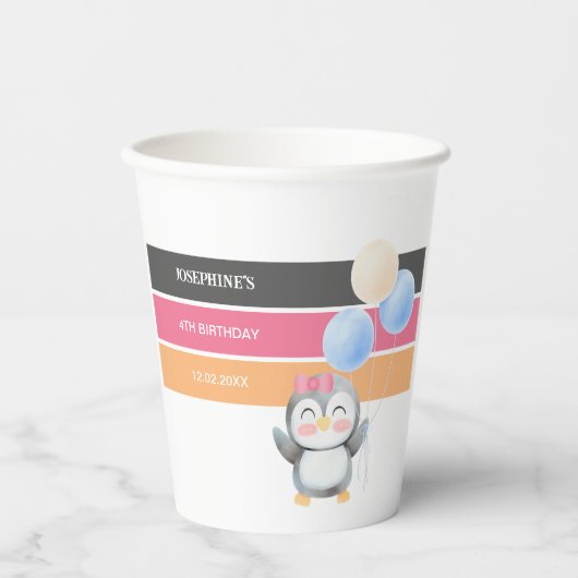 かわいいスイートペンギンバルーンガール誕生日 紙コップ (正面)