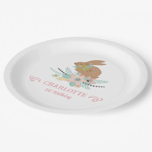 かわいいスウィートバニーうさぎ動物1歳誕生日パーティー ペーパープレート (アングル)