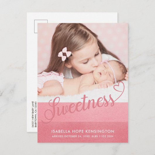 かわいいスウィートバレンタインタイポグラフィベビー誕生写真 案内ポストカード (正面/裏面)
