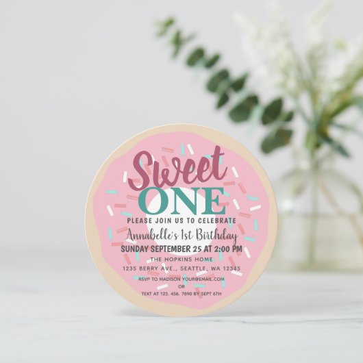 かわいいスウィートワンドーナツ子供たち最初の誕生日 招待状 (スタンド正面)