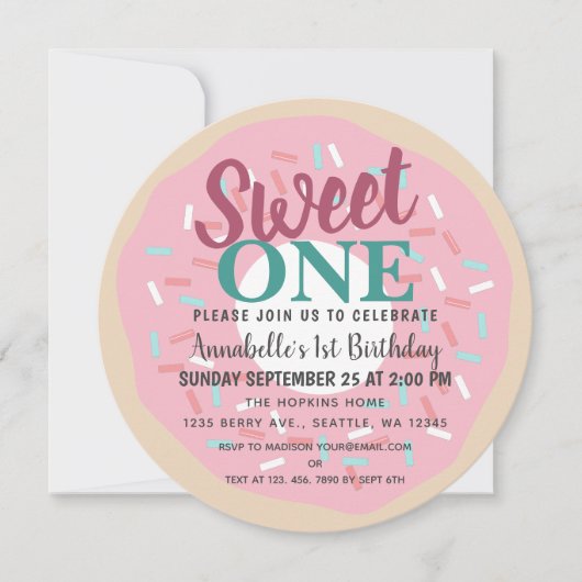 かわいいスウィートワンドーナツ子供たち最初の誕生日 招待状 (正面)