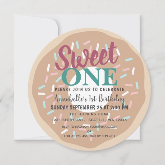 かわいいスウィートワンドーナツ子供たち最初の誕生日 招待状 (正面)