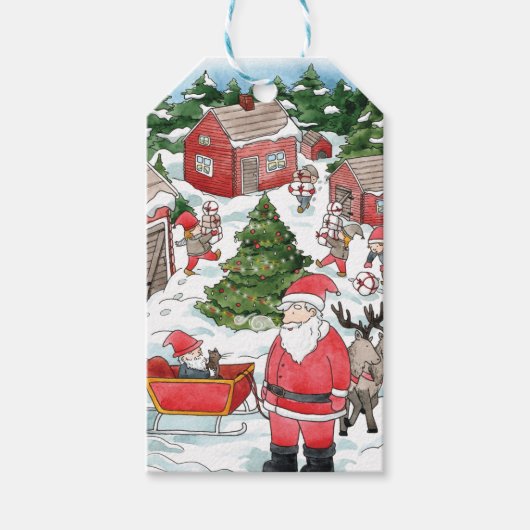 かわいいスウェーデントムテンクリスマスビレッジウォータカラー ギフトタグ (正面)