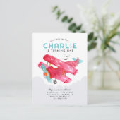 かわいいスカイクラウドウォーターカラーレッド飛行機誕生日 ポストカード (スタンド正面)