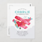 かわいいスカイクラウドウォーターカラーレッド飛行機誕生日 ポストカード (正面/裏面)