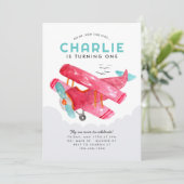 かわいいスカイクラウドウォーターカラーレッド飛行機誕生日 招待状 (スタンド正面)