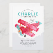 かわいいスカイクラウドウォーターカラーレッド飛行機誕生日 招待状 (正面/裏面)