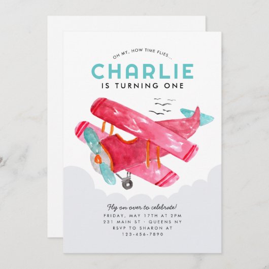 かわいいスカイクラウドウォーターカラーレッド飛行機誕生日 招待状 (正面/裏面)