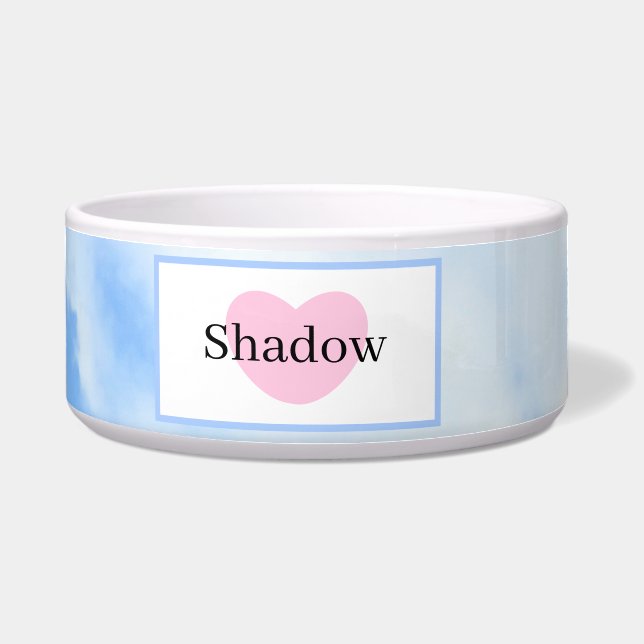 かわいいスカイブルーピンクハートとネームペット ボウル (正面)