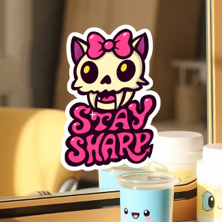かわいいスカルの猫+ピンクのリボン+ゴシックパンクの女の子 シール