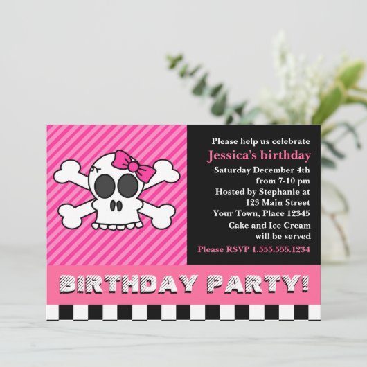 かわいいスカル(弓の誕生日パーティー付き)-ピンク 招待状 (スタンド正面)