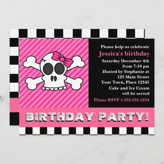 かわいいスカル（弓の誕生日パーティー付き）-ピンク 招待状 (正面/裏面)